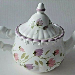 Cardinal Inc Ceramic Teapot Pink & Lavender Flowers Scrolls & Scallops 1991